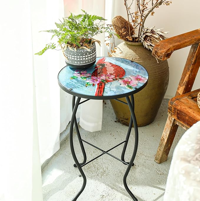 VCUTEKA Patio Side Table Outdoor Accent Table Bistro Coffee Table Plant End Table Small Porch Table Indoor Round Glass Balcony Plant Table Stands Cardinal 14''