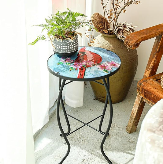 VCUTEKA Patio Side Table Outdoor Accent Table Bistro Coffee Table Plant End Table Small Porch Table Indoor Round Glass Balcony Plant Table Stands Cardinal 14''