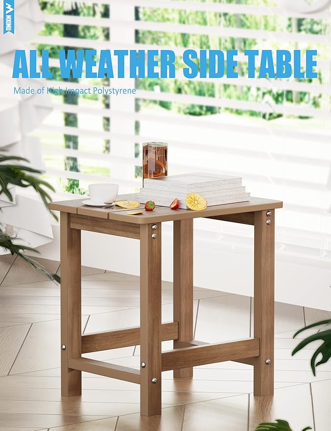 MXIMU Outdoor Side Table for Patio: 16" HIPS Weatherproof Adirondack Table - Small End Tables for Outside Porch Deck Pool Balcony Backyard - Easy Assembly No Maintenance Teak