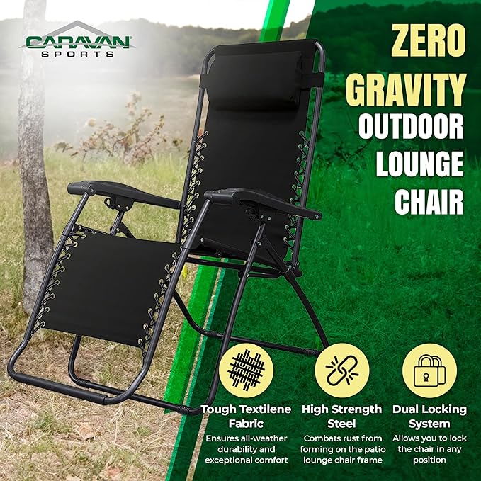 Caravan Sports Zero Gravity Outdoor Portable Folding Camping Lawn Deck Patio Pool Recliner Lounge Chair for Adults, Adjustable Headrest, Black