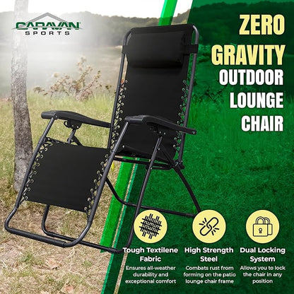 Caravan Sports Zero Gravity Outdoor Portable Folding Camping Lawn Deck Patio Pool Recliner Lounge Chair for Adults, Adjustable Headrest, Black