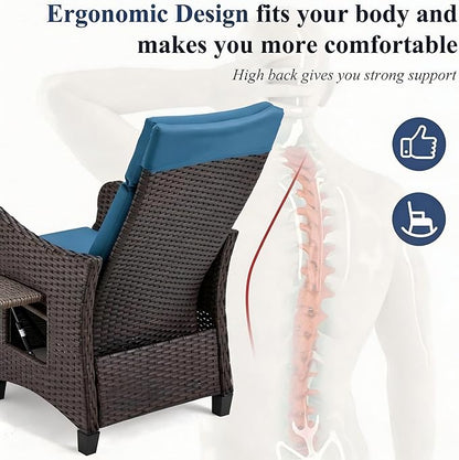 HOMREST Outdoor Recliner Chair with Flip-up Table, Wicker Reclining Chair with 150° Adjustable Backrest, Rattan Armchair with Integrated Footstool & Removable Cushion for Gardens, Navy Blue
