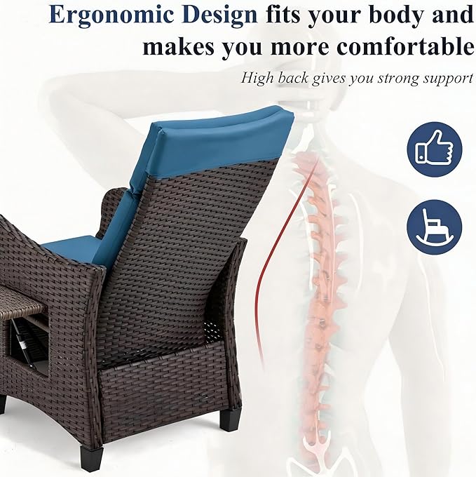 HOMREST Outdoor Recliner Chair with Flip-up Table Set of 2, Rattan Armchair with 150°Adjustable Backrest, Wicker Lounge Chair with Integrated Footstool and Removable Cushion for Gardens, Navy Blue