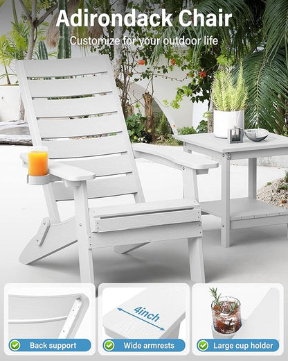 YEFU Adirondack Chair, Folding Adirondack Chairs Set of 2 with Arc Back & Cup Holder, Weather Resistant Plastic Oversized Chair for Outdoor Patio Lawn Garden Backyard Deck Fire Pit, White
