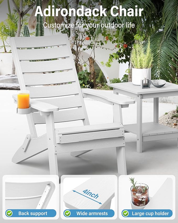YEFU Folding Oversized Adirondack Chair: Plastic Fire Pit Chair Heavy Duty with Arc Backrest & Cup Holder - All Weather Patio HIPS Adirondack Chairs for Outdoor Lawn Garden Wood-Texture-White