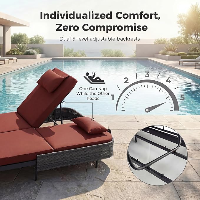 BULEXYARD 51.2" Double Chaise Lounge Outdoor, 2-Person PE Wicker Patio Daybed with Dual 5-Position Adjustable Backrest - Photo 5