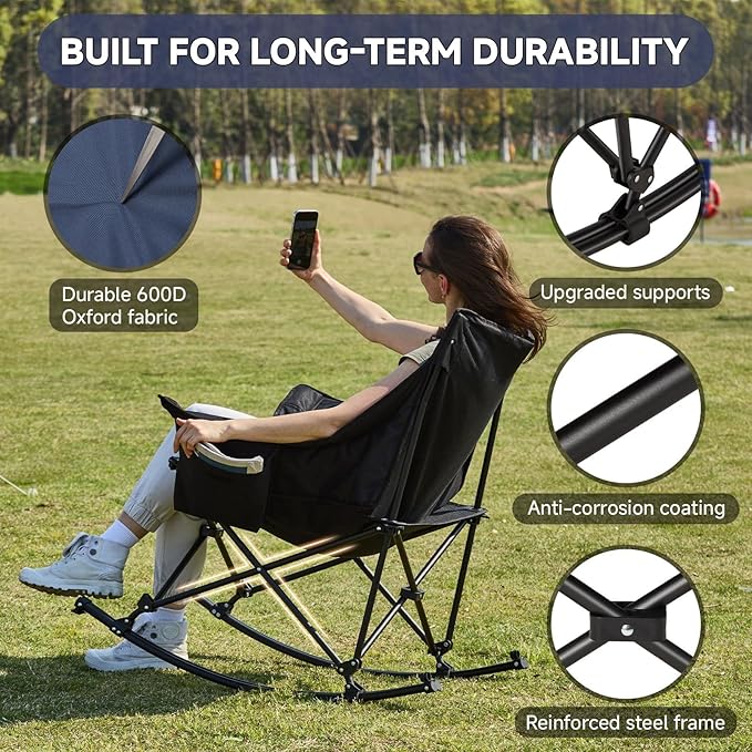 Oversized Folding Rocking Camping Chair, Padded Portable Rocking Chair with Pockets, Cup Holder and Carry Bag, Heavy Duty Outdoor Rocker Patio Chair for Garden, Lawn, Up to 400lbs, Navy Blue