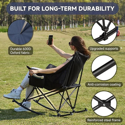 Oversized Folding Rocking Camping Chair, Padded Portable Rocking Chair with Pockets, Cup Holder and Carry Bag, Heavy Duty Outdoor Rocker Patio Chair for Garden, Lawn, Up to 400lbs, Navy Blue