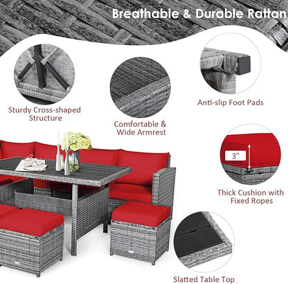 COSTWAY 7 PCS Wicker Outdoor Conversation Set, Patio Sectional Furniture Sofa Set with Table & Seat Cushions, Rattan Furniture Sets for Backyard Garden Poolside Porch, Red