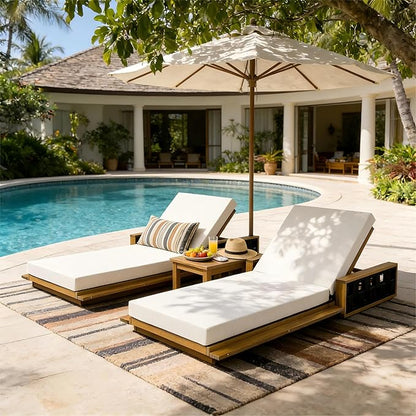 Merax Outdoor Chaise Lounge Set of 2, Acacia Wood Patio Reclining Chairs with 4-Position Adjustable Backrest, 2-Piece Sunbathing Recliner & 4" Thick Double-fold Cushion for Poolside, Garden, Beige