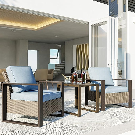 3 Piece Patio Chair Set, Outdoor Wicker Chair and Side Table, Metal Patio Furniture with Deep Seating, Thicken Cushions for Deck, Porch, Yard Use (Azure, 3 PCS/Chairs)