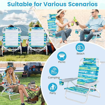 GYMAX Beach Chairs, 4Pcs Folding Camping Chair with Adjustable Backrest, Shoulder Strap, Cup Holder & Headrest, Portable Aluminum Lounger for Tanning, Sunbath, Lawn, Patio (Green, 4 Chairs)