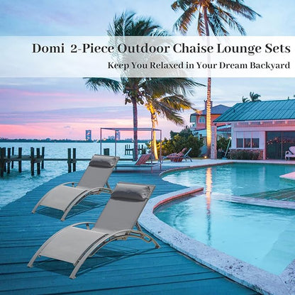 Domi Lounge Chair Set of 2, Aluminum Lounge Chairs for Outside with 5 Adjustable Positions, Chaise Lounge Outdoor for Pool, Garden, Beach, Camping, Backyard (Gray)