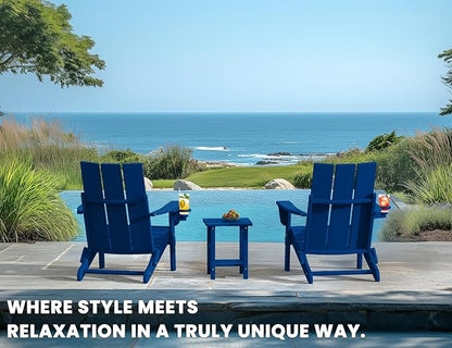 Adirondack Chair with Cup Holder Set of 2, Folding Outdoor Lawn Chair, HDPE Plastic Fire Pit Chair, Weather Resistant Patio Chairs for Deck, Porch, Backyard, Garden, Navy Blue