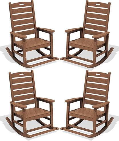 SERWALL Outdoor Rocking Chair Set of 4, Oversized HDPE Patio Rocking Chair with Footrest for Adults, All Weather Porch Rocker for Deck Patio Balcony, Brown