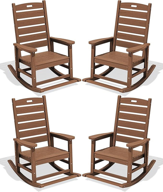 SERWALL Outdoor Rocking Chair Set of 4, Oversized HDPE Patio Rocking Chair with Footrest for Adults, All Weather Porch Rocker for Deck Patio Balcony, Brown