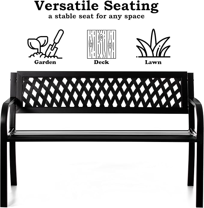Gardenised Outdoor Steel 47" Park Bench for Yard, Patio, Garden and Deck, Black Weather Resistant Porch Bench, Park Seating