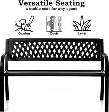 Gardenised Outdoor Steel 47" Park Bench for Yard, Patio, Garden and Deck, Black Weather Resistant Porch Bench, Park Seating