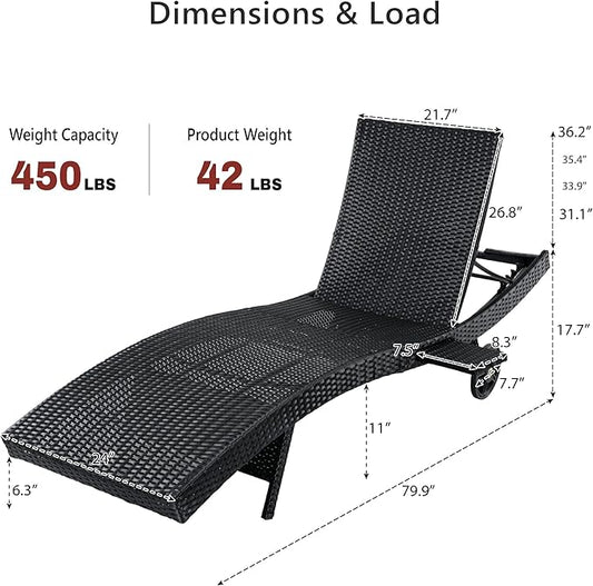 Patio Wicker Chaise Lounge Chairs Set of 2, Outdoor Reclining Lounge Chair w/Rolling Wheels, Pull-Out Side Table, Adjustable Backrest, Ergonomic Wave Design for Poolside, Deck (Black+W)