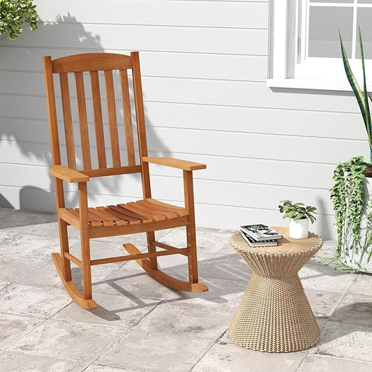 Tangkula Patio Rocking Chair with 400 lbs Weight Capacity, Eucalyptus Wood Porch Rocker with High Back, Patio Rocker Chair for Indoor and Outdoor Use (1)