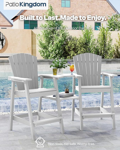 Tall Adirondack Chairs Set of 2 with Removable Tray, HDPE Bar Height Adirondack Bar Stools, High Back Patio Chairs for Balcony, Deck, Lawn, Backyard, All-Weather Outdoor Furniture, White