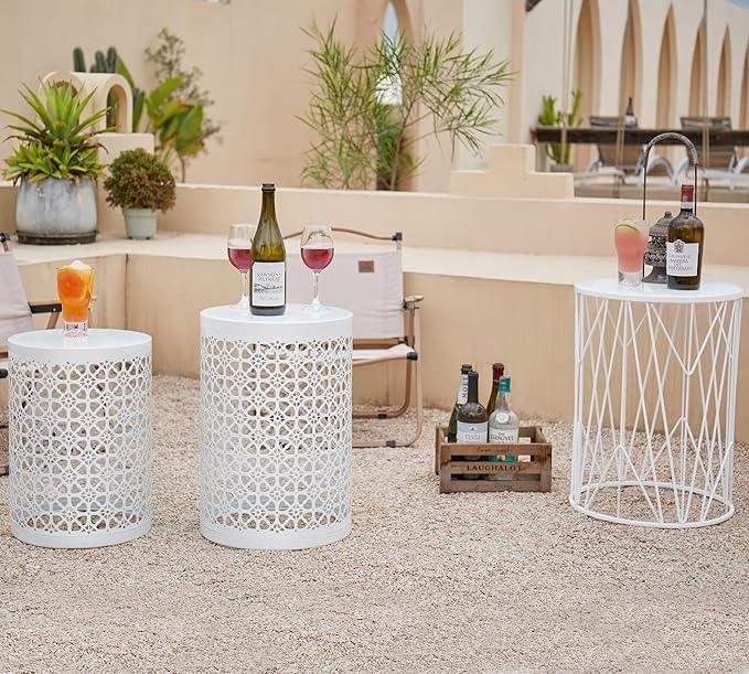Y&M Set of 3 White Round Nesting Tables, Multifunctional Coffee Table End Table, Side Table for Indoor, Outdoor Garden Stool-Snow White(Ship from US)