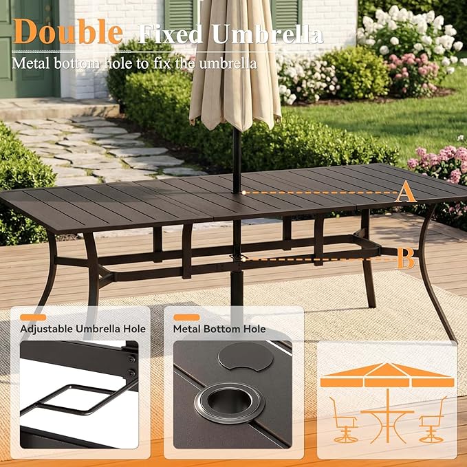 Rectangle Patio Dining Table, 8-Person Metal Outdoor Patio Table with Adjustable Umbrella Hole, Weather-Resistant for Garden Backyard Porch, Dark Brown