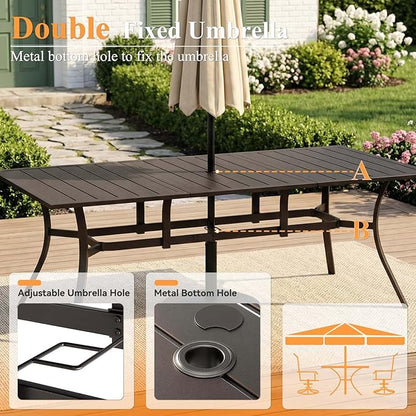 Rectangle Patio Dining Table, 8-Person Metal Outdoor Patio Table with Adjustable Umbrella Hole, Weather-Resistant for Garden Backyard Porch, Dark Brown