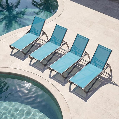 Lounge Chair Set of 4, Aluminum Chaise Lounge Outdoor, Lightweight Lounge Chairs for Outside with 5 Adjustable Backrest, Pool Lounger for Poolside, Beach, Balcony, Deck (Lake Blue)