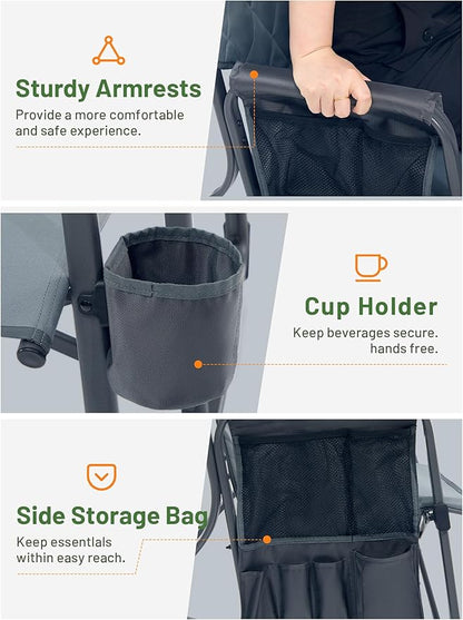 Timber Ridge Folding Oversized Rocking Camping Chair, 400lbs Capacity Portable Outdoor Rocker with Hard Armrests, Cup Holder & Side Pocket, Quick-Fold Design for Outdoor, Patio, Lawn, Grey