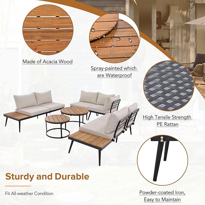 Modern Outdoor Sectional Sofa Set with Round Nesting Coffee Tables and Cushions, 6-Piece Patio Furniture Set for Porch - Photo 5