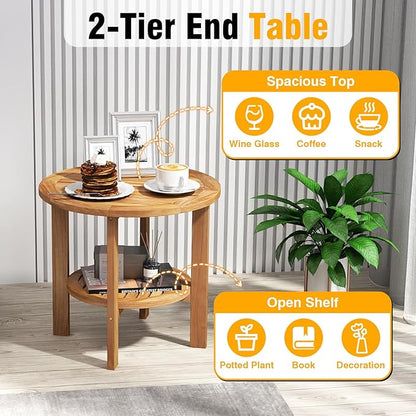 Giantex 19.5" Outdoor Round Side Table Set of 2, 2-Tier Patio Table with Slatted Tabletop & Open Storage Shelf, Easy Assembly, Teak Wood Small End Table for Porch, Backyard, Garden, Pool, Natural