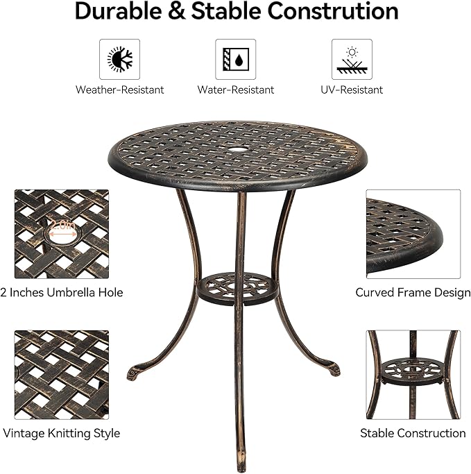 24"Patio Bistro Table Round Outdoor Coffee Table, Small Patio Side Table with 2" Umbrella Hole, Sturdy Iron Frame - Photo 4