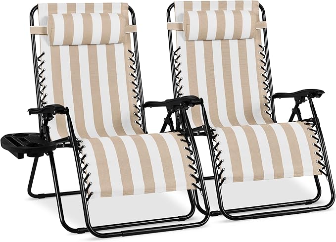 Best Choice Products Set of 2 Extra Wide Adjustable Steel Mesh Zero Gravity Lounge Chair Recliners w/Pillows and Cup - Photo 1