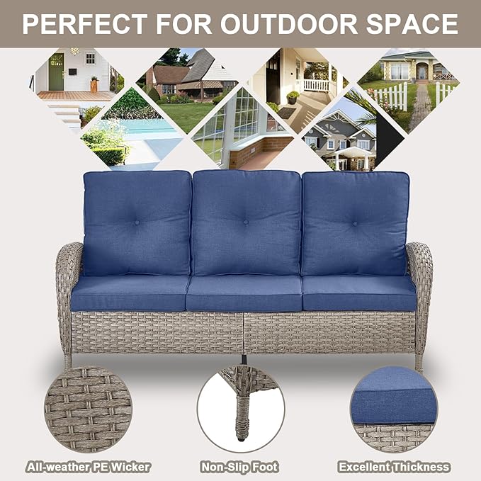 Belord Outdoor Patio Furniture - Wicker Sofa with Removable Cushion, 3 Seater Rattan Couch with Deep Seat, High Backrest, All-Weather for Balcony, Deck, Backyard, Gray/Blue