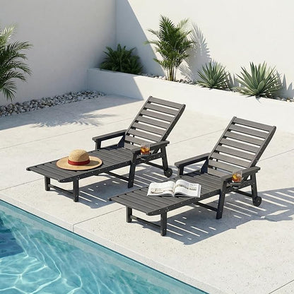 5-Position Adjustable Lounge Chair Outdoor Set of 2, HDPE Outdoor Chaise Lounge with Cup Holder & Wheels, Pool Lounge Chairs for Poolside, Beach, Deck, Grey