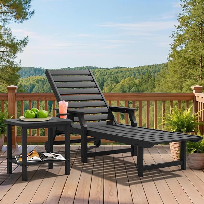 5-Position Adjustable Patio Chaise Lounge - 78'' HDPE Outdoor Lounger with Rolling Wheels & Cup Holder, Longer, Wider, Higher - Perfect for Poolside & Deck, Black