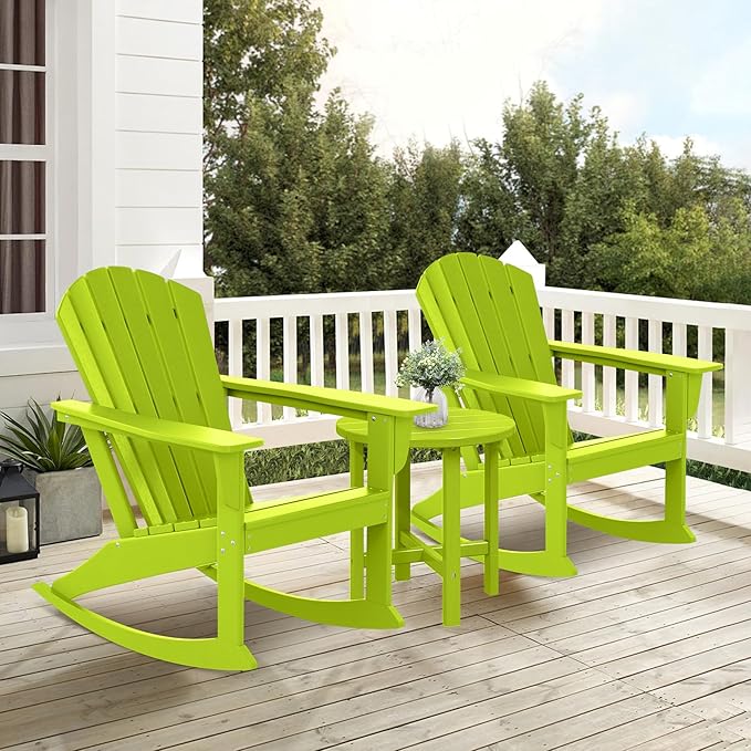 Costaelm Outdoor Adirondack Chair, All Weather Resistant Lawn Chairs Balcony Chair and Fire Pit Chairs, Deck Chairs Outdoor Porch Rocking Chair High Back HDPE Poly Lumber, Lime