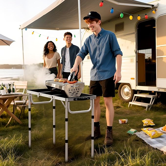 Anbte 3ft Folding Grill Table with Storage Bag, 3 Adjustable Height 27.5" Aluminum Portable Grill Table, Heat Resistant - Photo 2