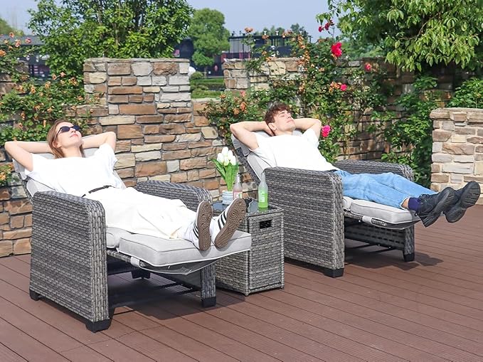 Restland Outdoor Recliner with Independent Adjustable Back & Footrest Wicker Patio Reclining Chair with Flip Table - Photo 3