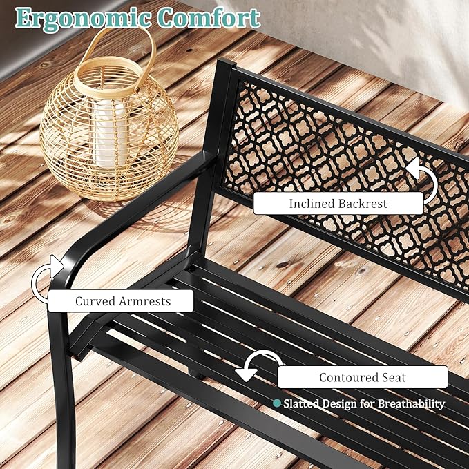 Tangkula 50 Inches Outdoor Garden Bench, Metal Patio Park Bench with Geometric Lattice Backrest, Armrests and Slatted Seat, Outdoor Loveseat Chair for Porch, Lawn and Yard (Black)