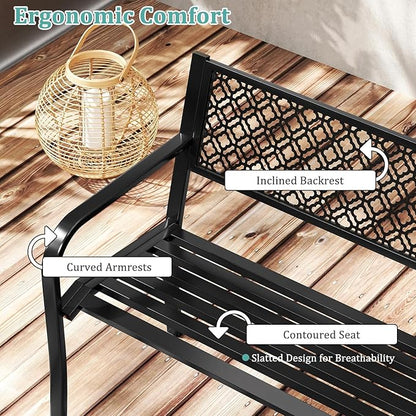 Tangkula 50 Inches Outdoor Garden Bench, Metal Patio Park Bench with Geometric Lattice Backrest, Armrests and Slatted Seat, Outdoor Loveseat Chair for Porch, Lawn and Yard (Black)