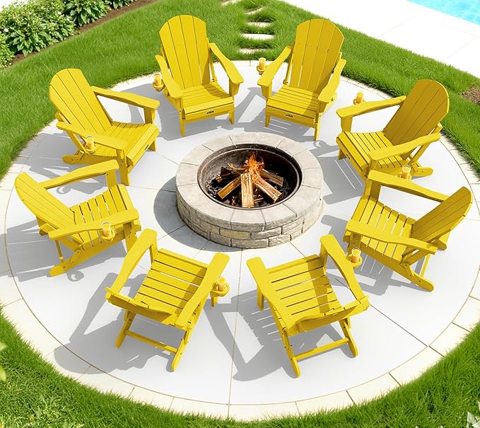 SERWALL Folding Adirondack Chair Set of 8 Painted Adirondack Chair with Cup Holder Weather Resistant for Patio Deck Garden- Yellow