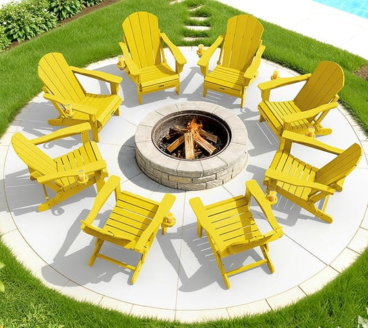 SERWALL Folding Adirondack Chair Set of 8 Painted Adirondack Chair with Cup Holder Weather Resistant for Patio Deck Garden- Yellow