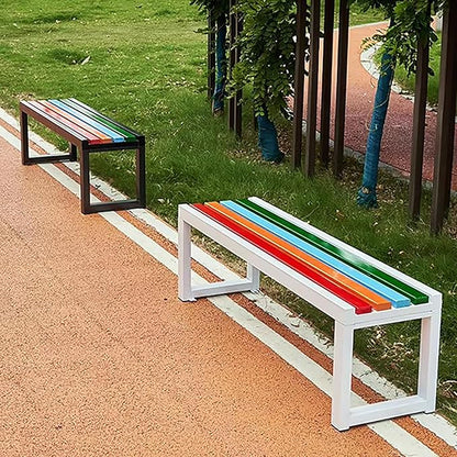 2-3 Person Outdoor Garden Benches, Backless Weatherproof Seat Benches, Metal Frame Patio Park Bench with Slatted Seat, 880 lbs Capacity(59 inch, White Colorful)