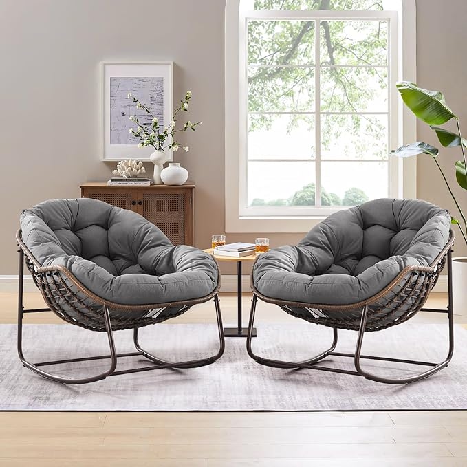 Large Indoor Rocking Chair Set of 2, Oversized Rocking Papasan Chair with Thick Cushion and Frame,Comfy Velvet Rocker Wicker Egg Chairs Lounge Reading Chair for Living Room, Bedroom, Light Grey