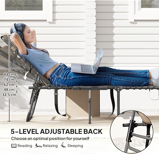 Outsunny Folding Chaise Lounge Chair Outdoor Tanning Chair with Side Table, 5-Level Adjustable Beach Lounge Chair with Headrest, Side Pocket for Patio, Backyard, Beach, Poolside, Beige