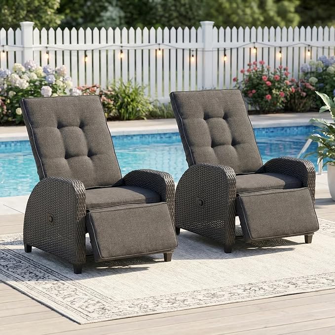 Green4ever 2-Peices Outdoor Patio Recliner with Adjustable Backrest, All-Weather Wicker Patio Chair with Side Table, 160° Lay Flat Patio Reclining Lounge Chair for Garden Backyard, Grey