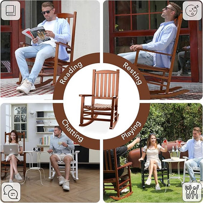 Wooden Outdoor Rocking Chair, Oversized Patio Rocking Chair w/400lbs Support & High Backrest | Porch, Lawn, Garden, Backyard，Natural