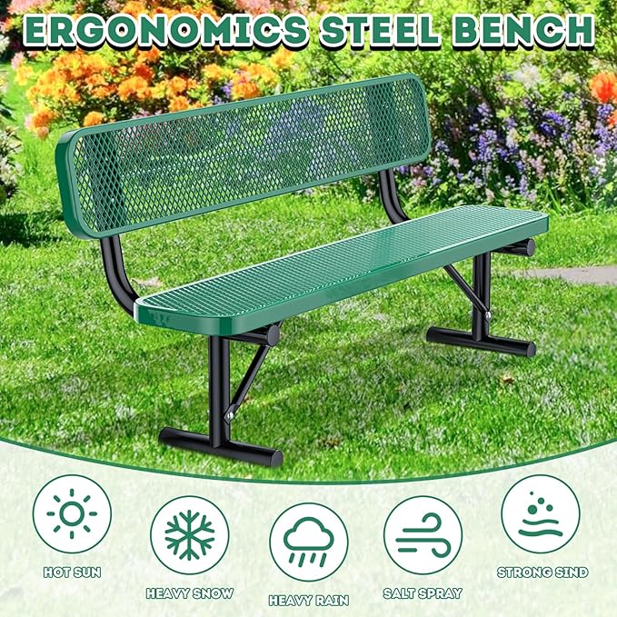 6FT/72INCH Heavy Duty Metal Park Bench for Outside, Outdoor Garden Benches with Backrest & Portable Frame, Expanded Metal Mesh Bench for Shopping Malls, Lawn, Park, Deck, Patio, Porch, Green